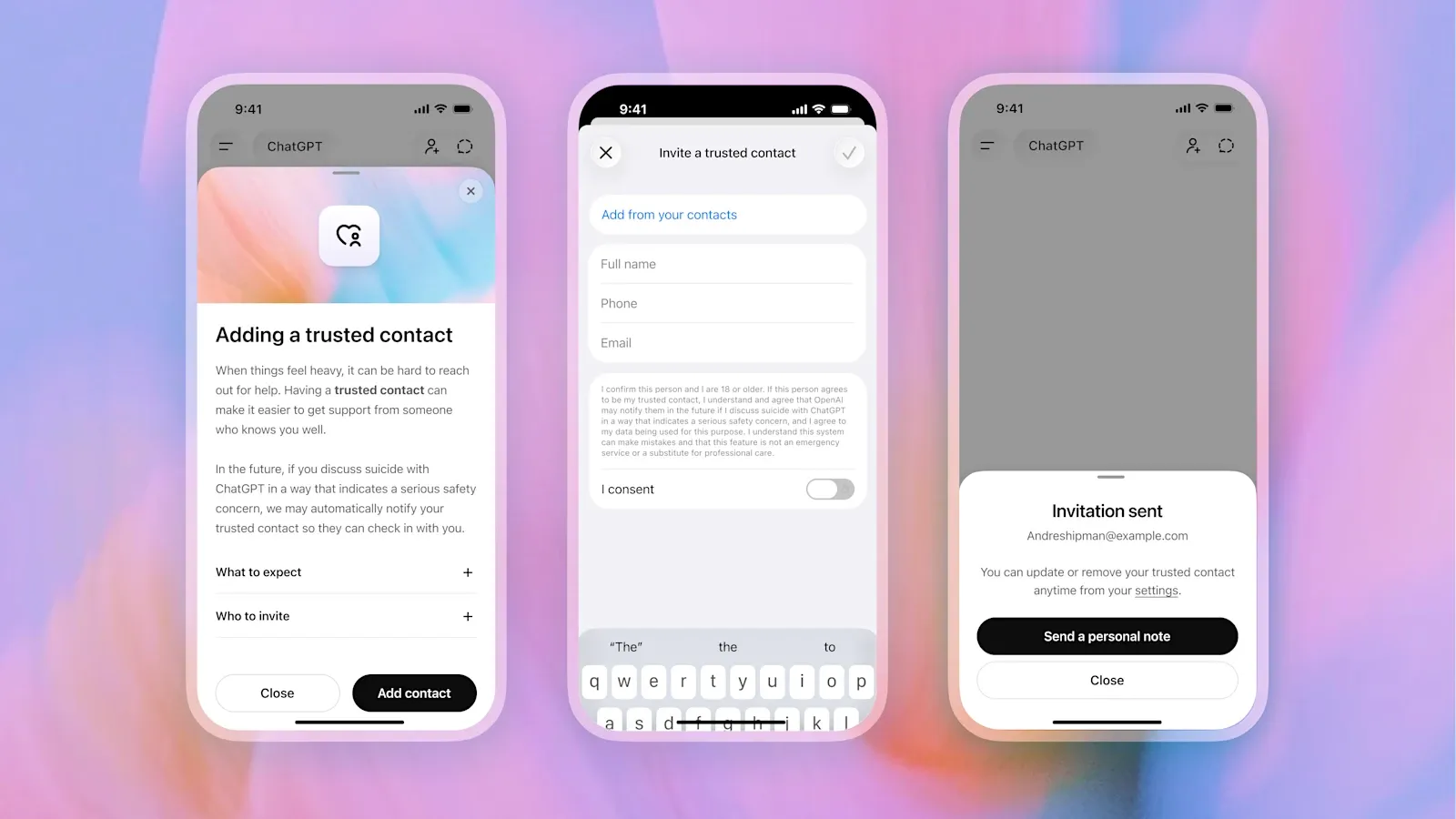 Официальные экраны OpenAI Trusted Contact в ChatGPT