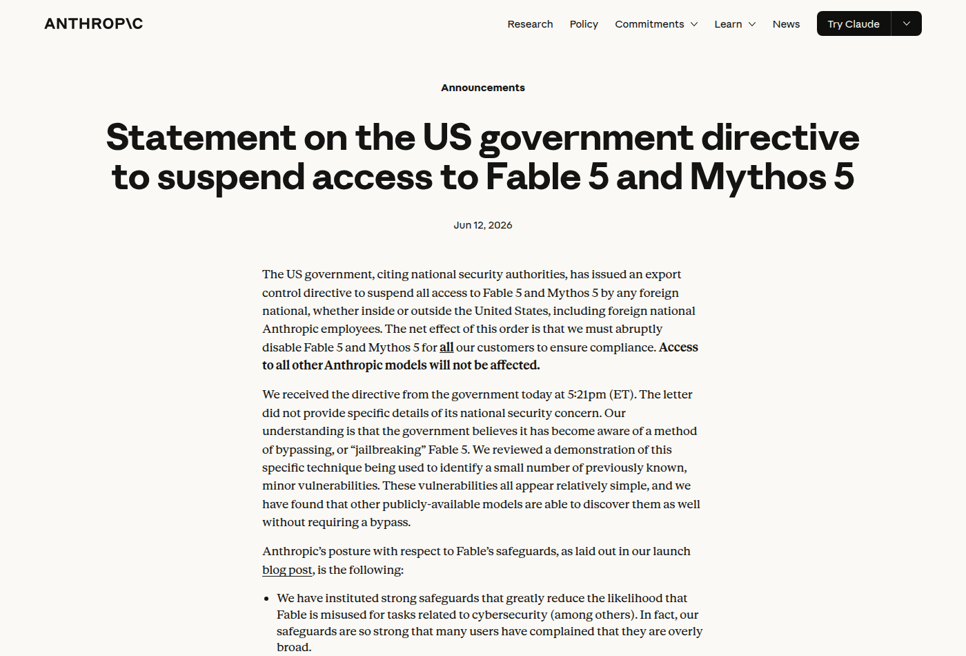 Официальное заявление Anthropic о директиве США по Fable 5 и Mythos 5