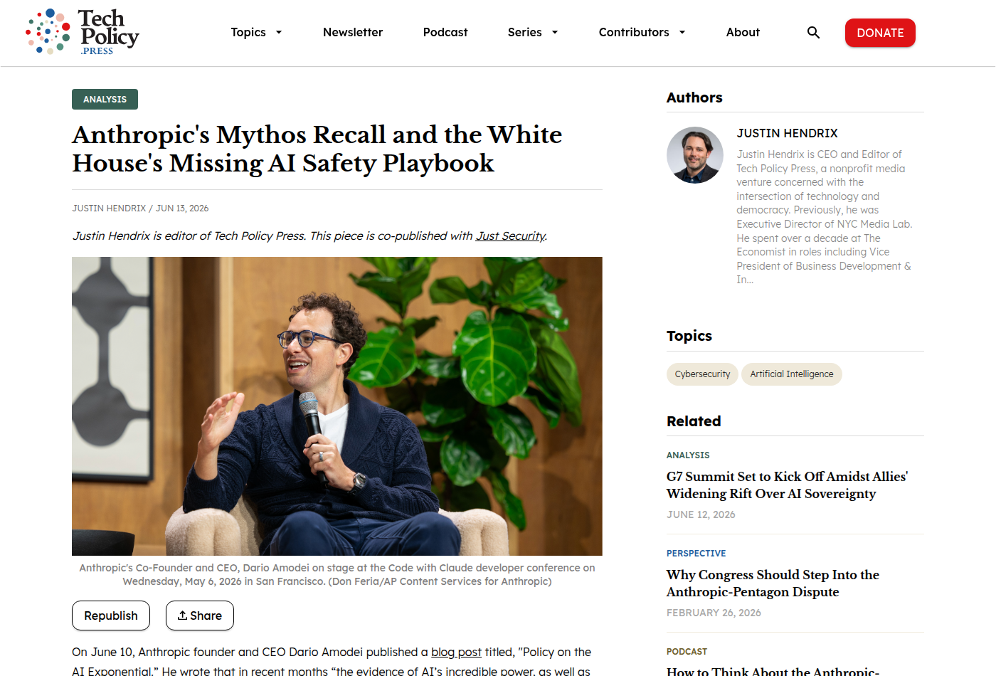 Материал Tech Policy Press о recall Mythos и отсутствующей процедуре AI safety