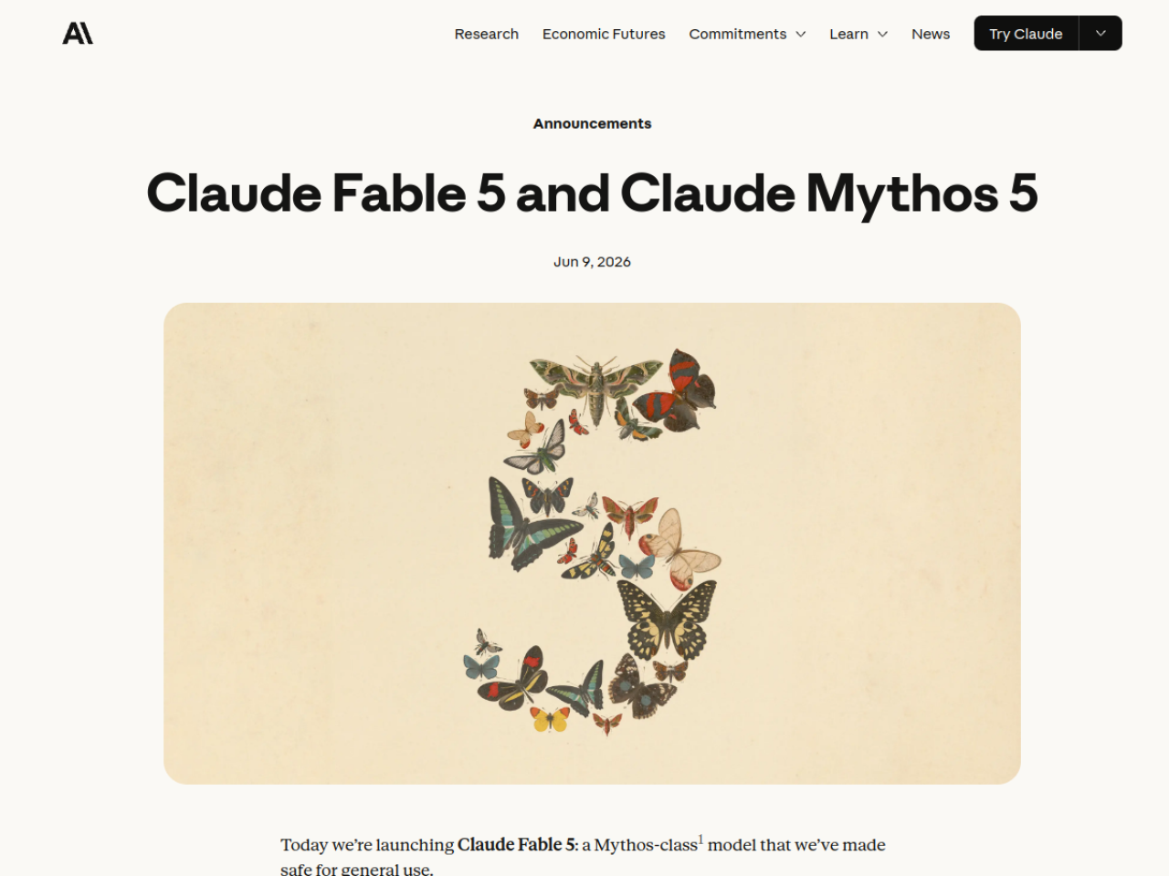 Официальная страница Anthropic с запуском Claude Fable 5 и Claude Mythos 5