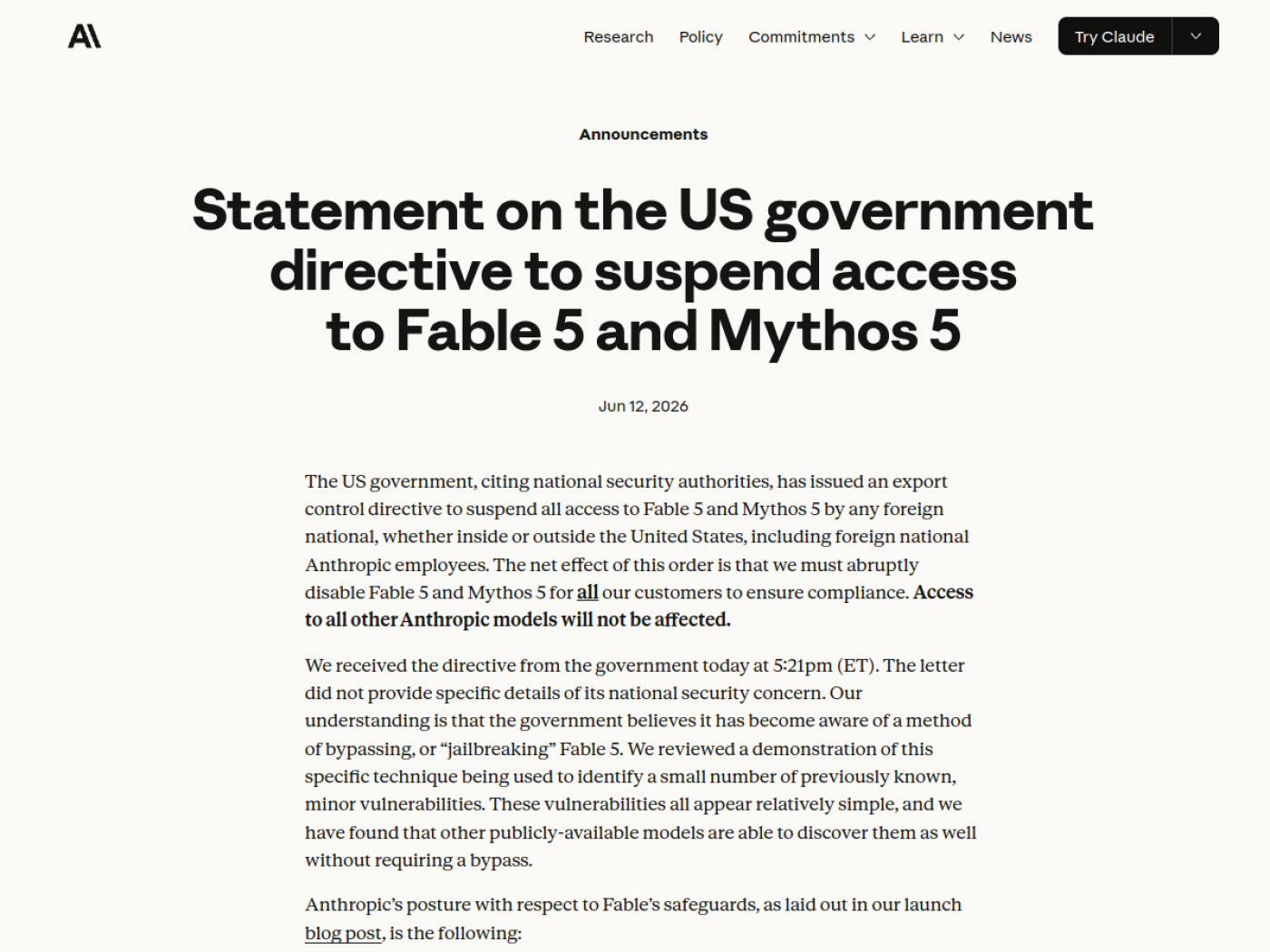 Официальное заявление Anthropic о директиве США по Fable 5 и Mythos 5