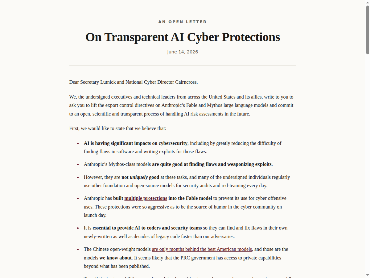 Открытое письмо Free Fable о прозрачных правилах AI cyber protections