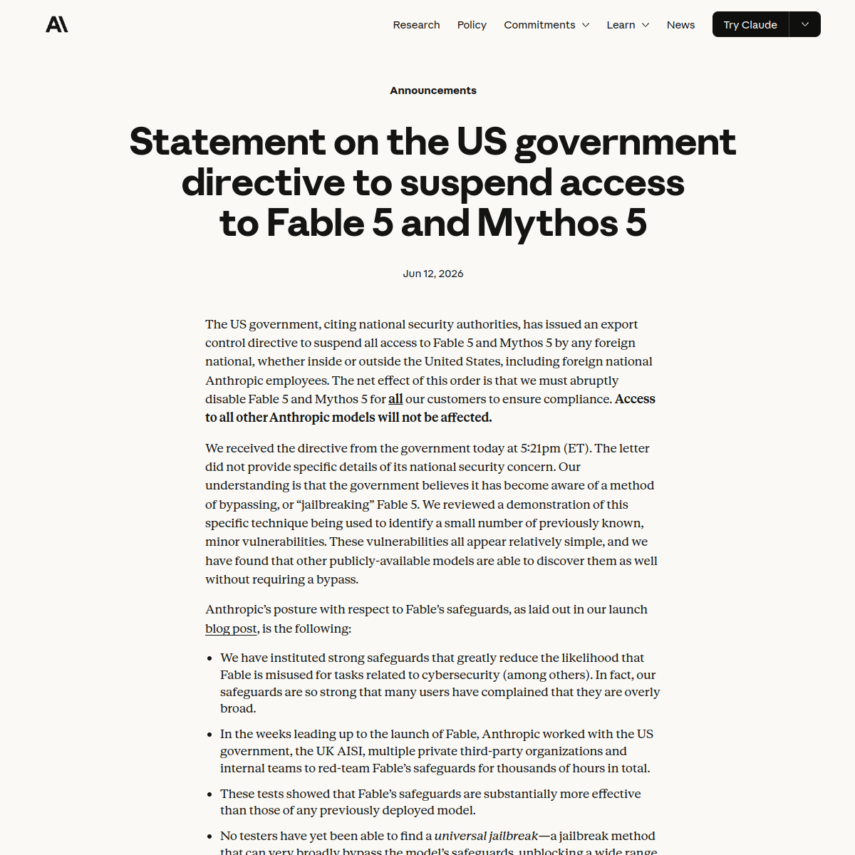 Скриншот официального заявления Anthropic о директиве США по Fable 5 и Mythos 5