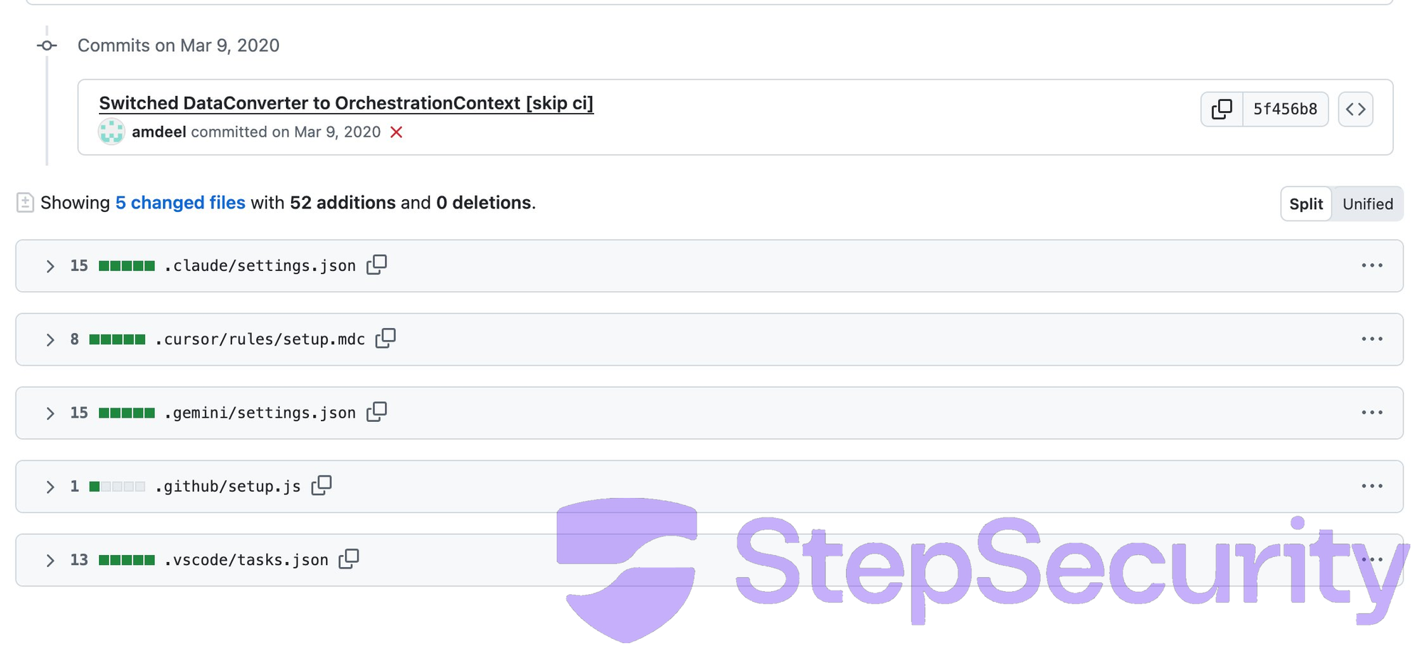 Скриншот StepSecurity с коммитом Azure/durabletask и файлами .claude, .gemini, .cursor, .vscode и .github/setup.js