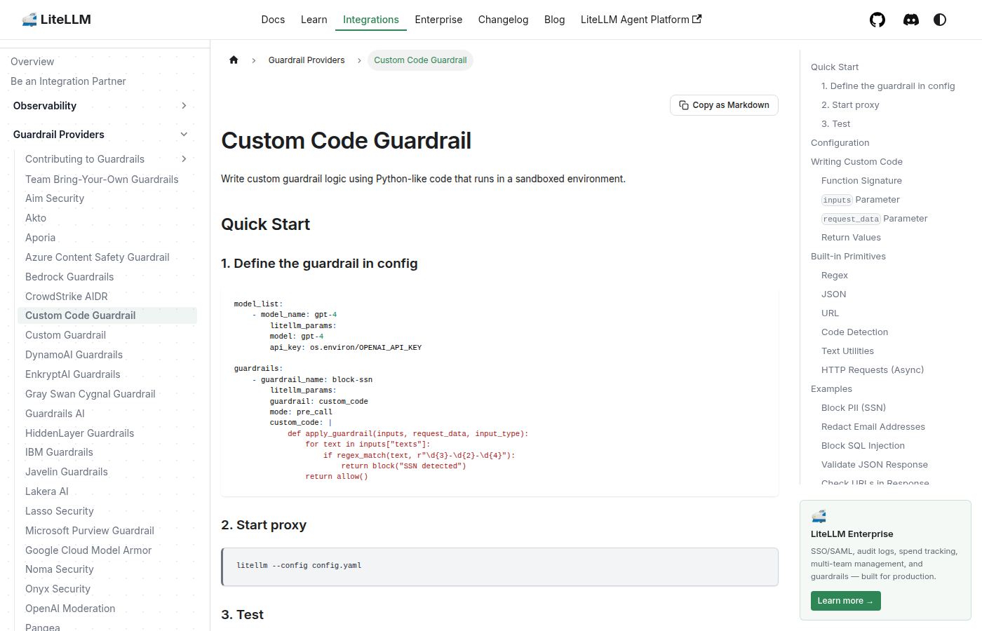 Страница LiteLLM Custom Code Guardrail с примером Python-like кода guardrail