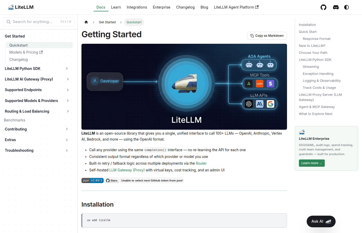 Официальная документация LiteLLM с описанием LLM Gateway и поддержки 100+ моделей