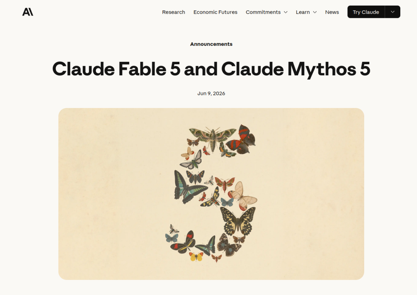 Скриншот официальной страницы запуска Claude Fable 5 и Claude Mythos 5