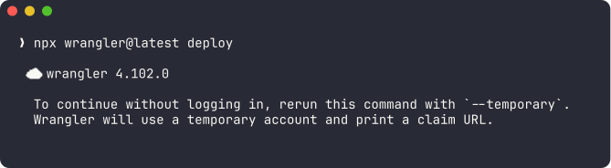 Скриншот терминала: Wrangler 4.102.0 предлагает перезапустить deploy с флагом --temporary, чтобы продолжить без входа