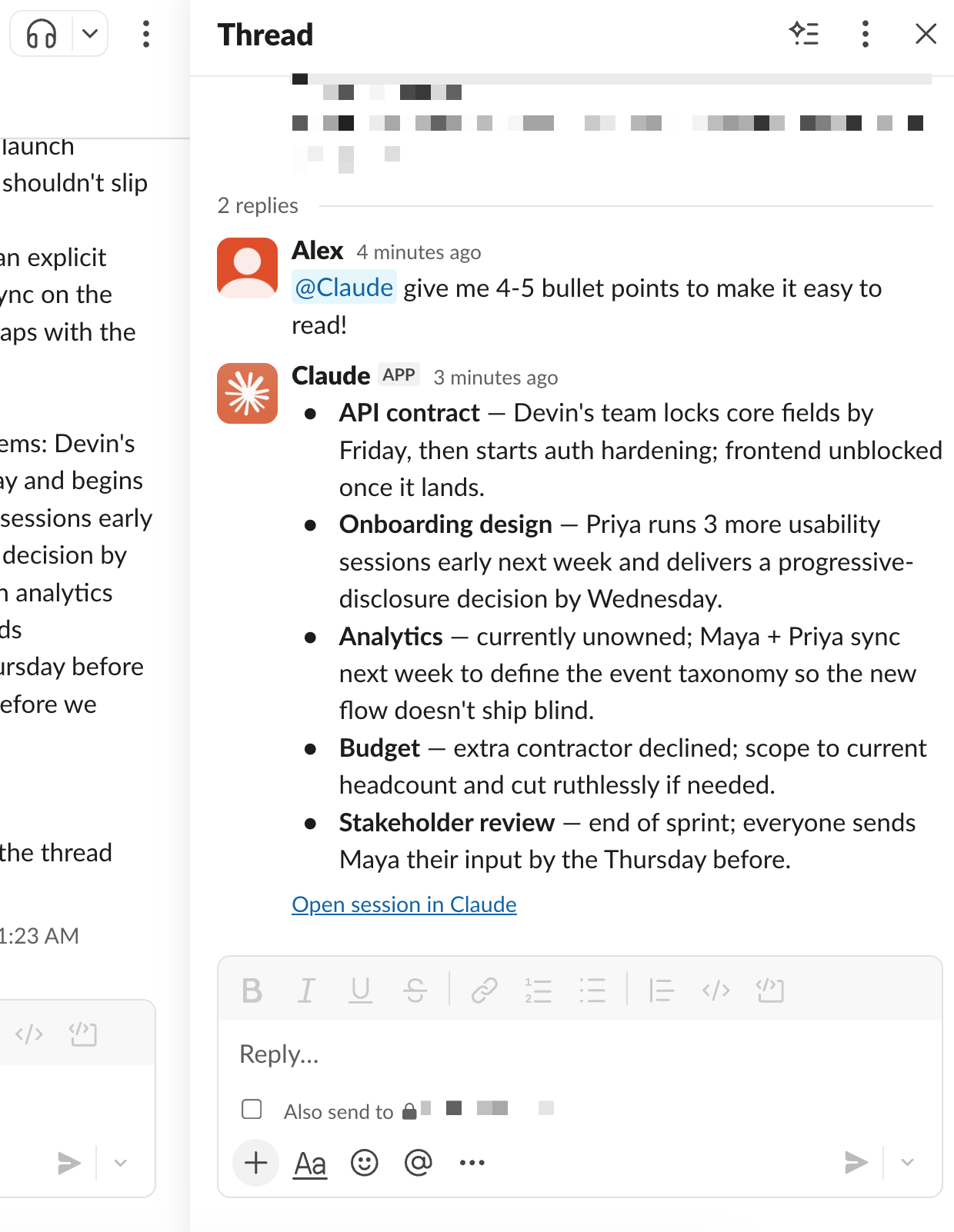 Скриншот Claude в треде Slack с ответом на упоминание @Claude