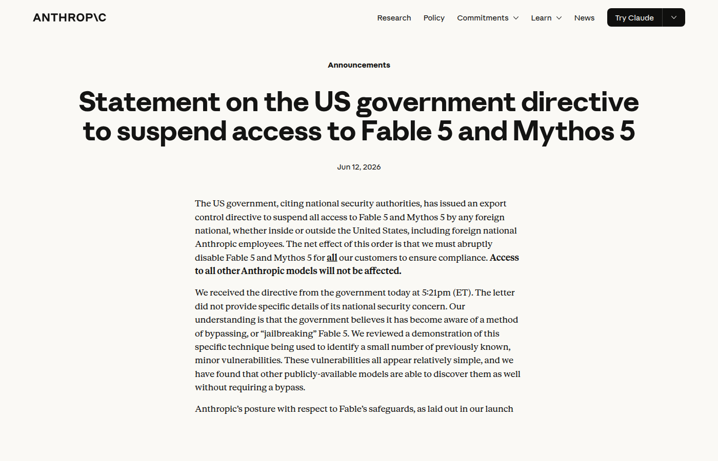 Официальное заявление Anthropic о директиве США по Fable 5 и Mythos 5