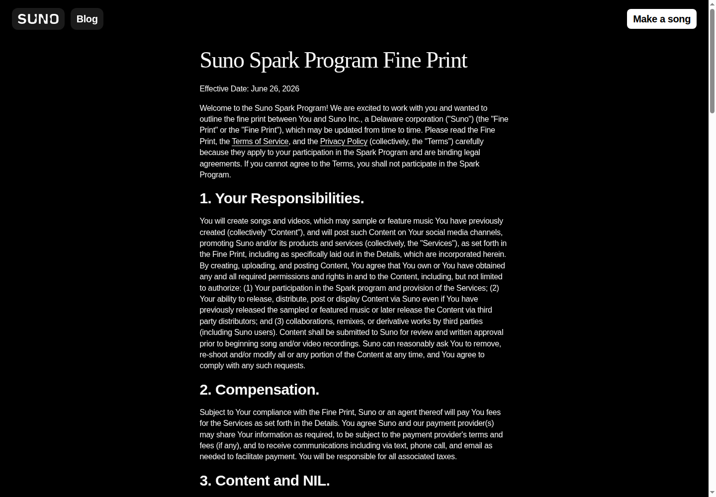 Скриншот Suno Spark Program Fine Print с датой действия и разделом Your Responsibilities