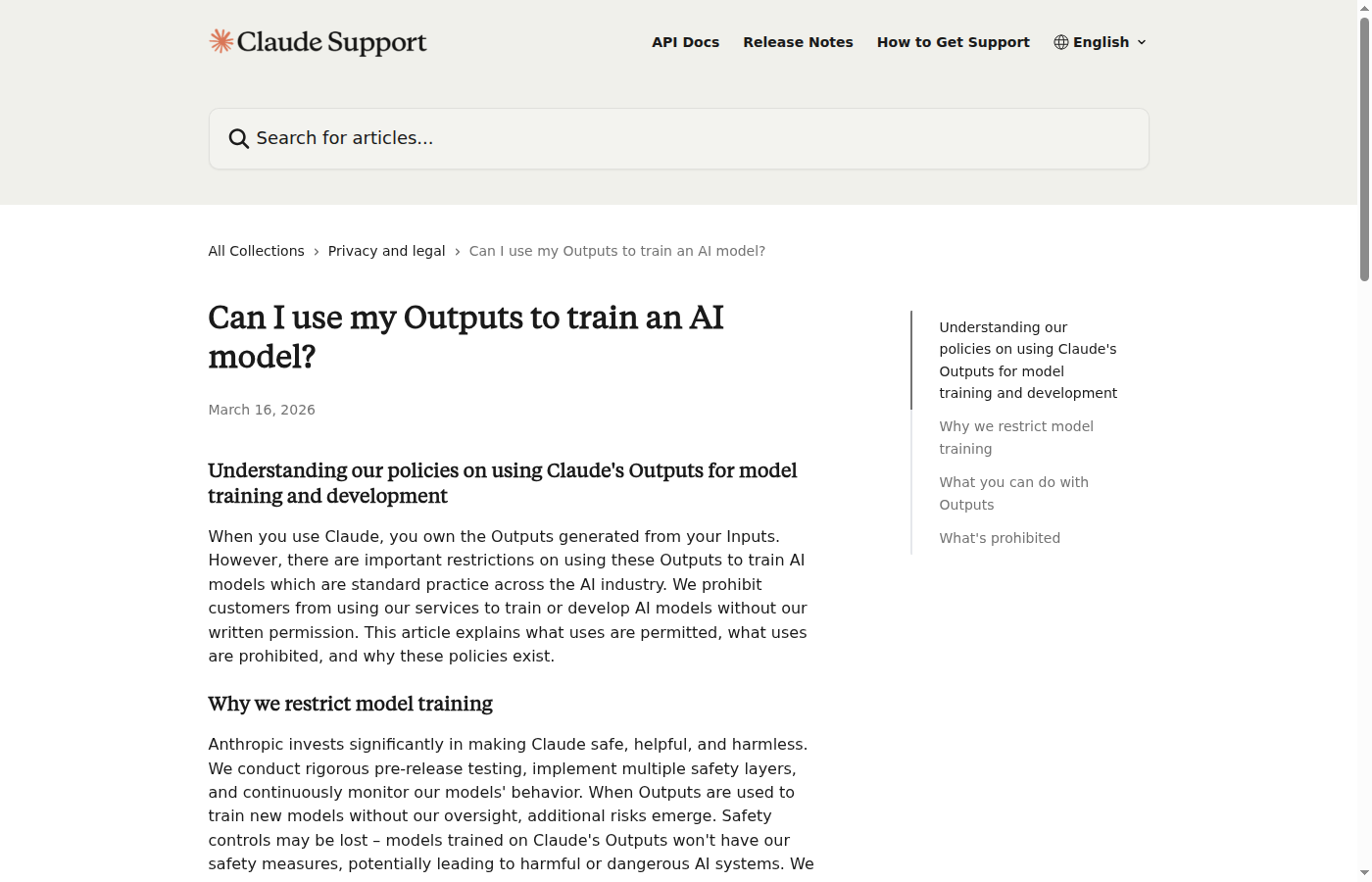 Claude Support article about using Claude outputs to train an AI model