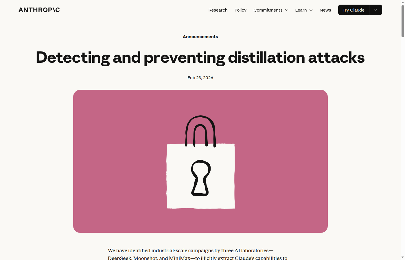 Страница Anthropic Detecting and preventing distillation attacks