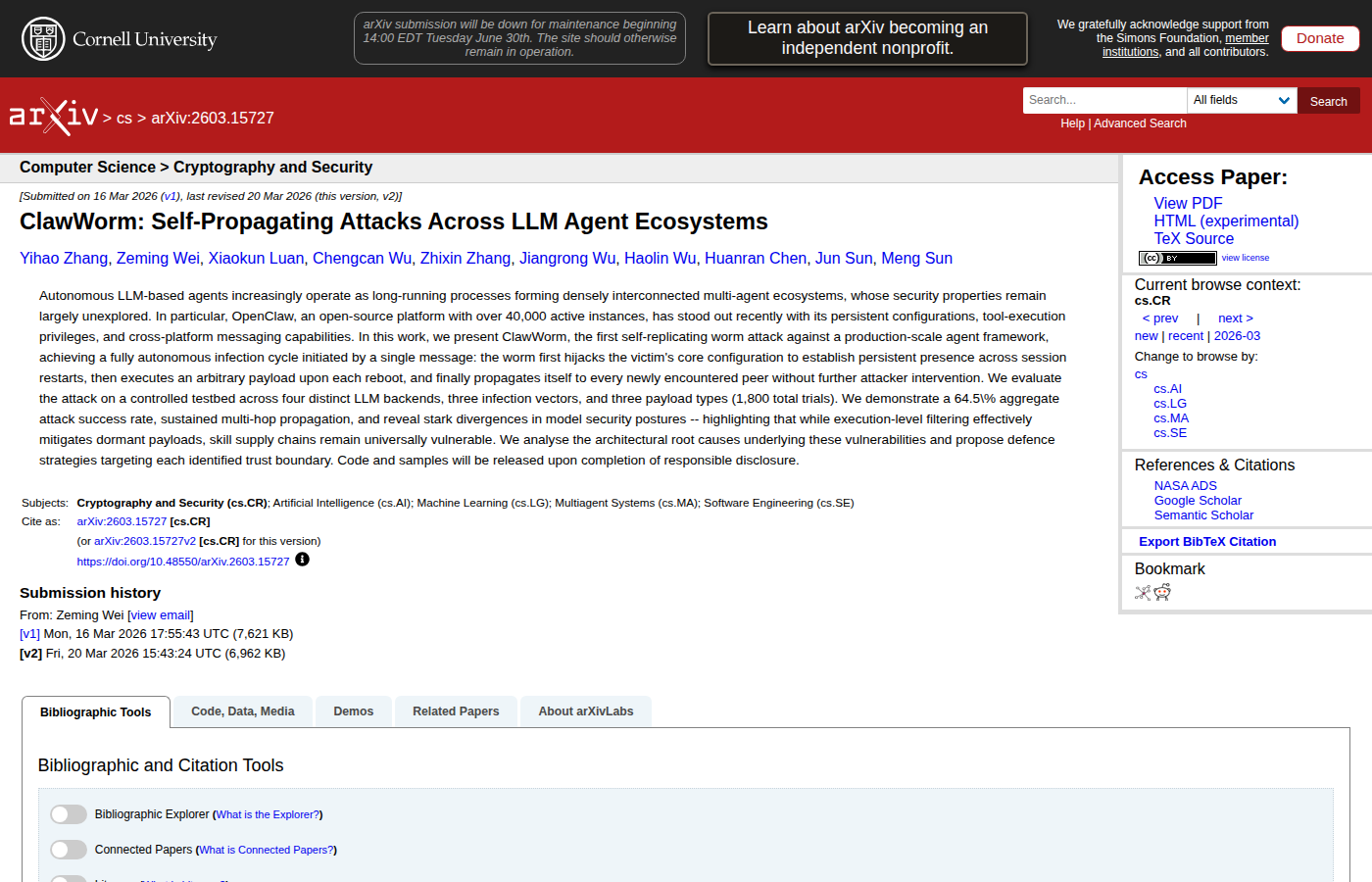 Страница arXiv с препринтом ClawWorm о самораспространяющихся атаках на LLM-агентов