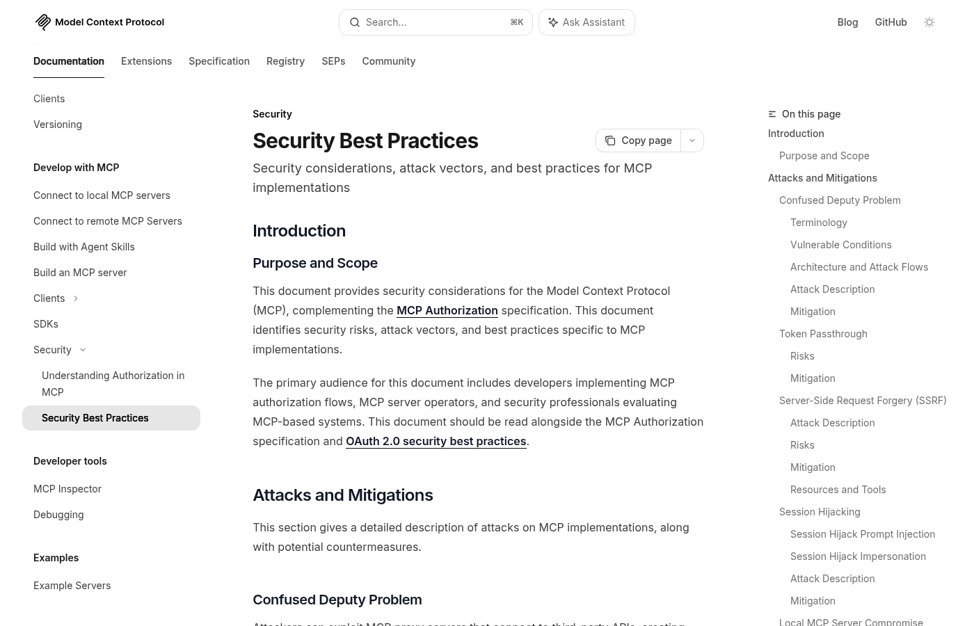 Страница Model Context Protocol Security Best Practices с перечнем атак и мер защиты для MCP-реализаций