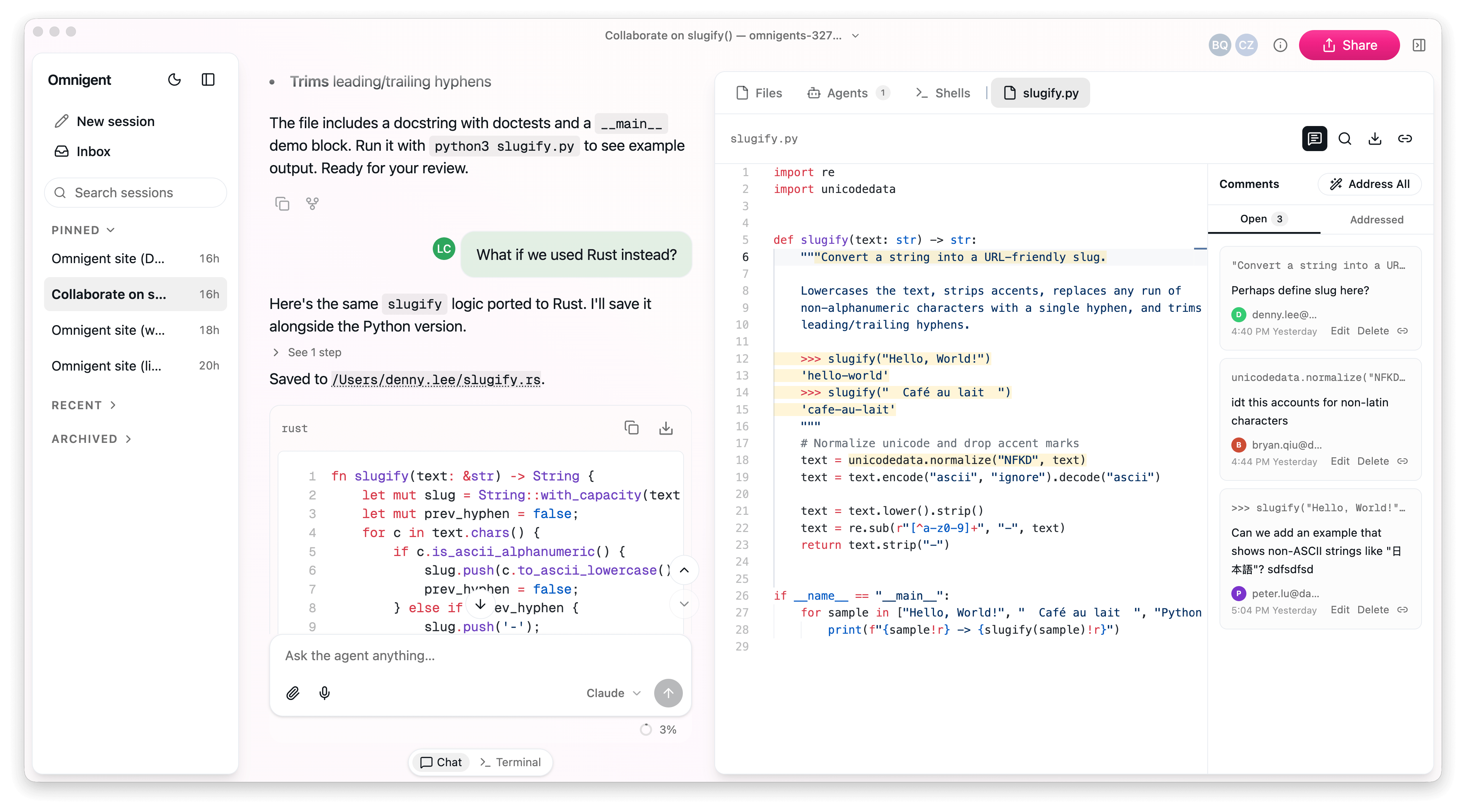 Официальный скриншот Omnigent: совместная работа над агентной сессией, файл slugify.py, комментарии и панель агента