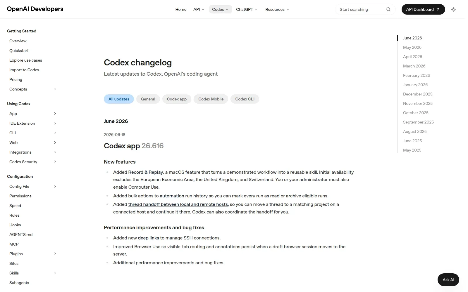Скриншот OpenAI Developers с changelog Codex app 26.616 и пунктами Record & Replay, bulk actions и thread handoff