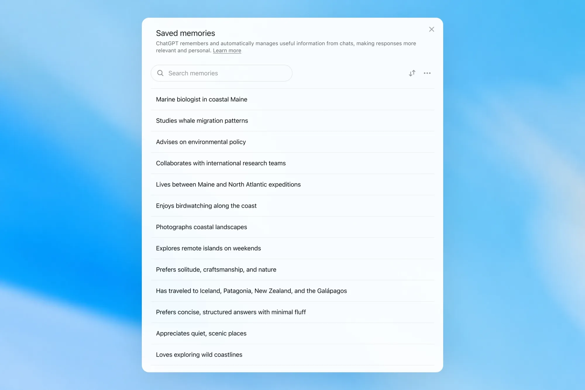 Список сохранённых воспоминаний ChatGPT в интерфейсе Saved memories