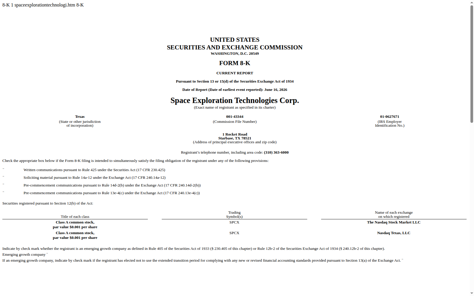 SEC Form 8-K Space Exploration Technologies Corp. от 16 июня 2026 года