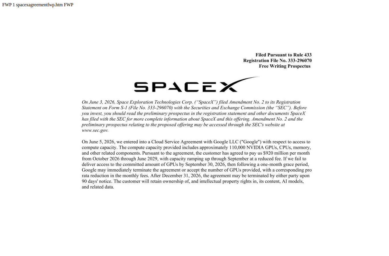 SEC filing SpaceX с условиями Cloud Service Agreement для Google
