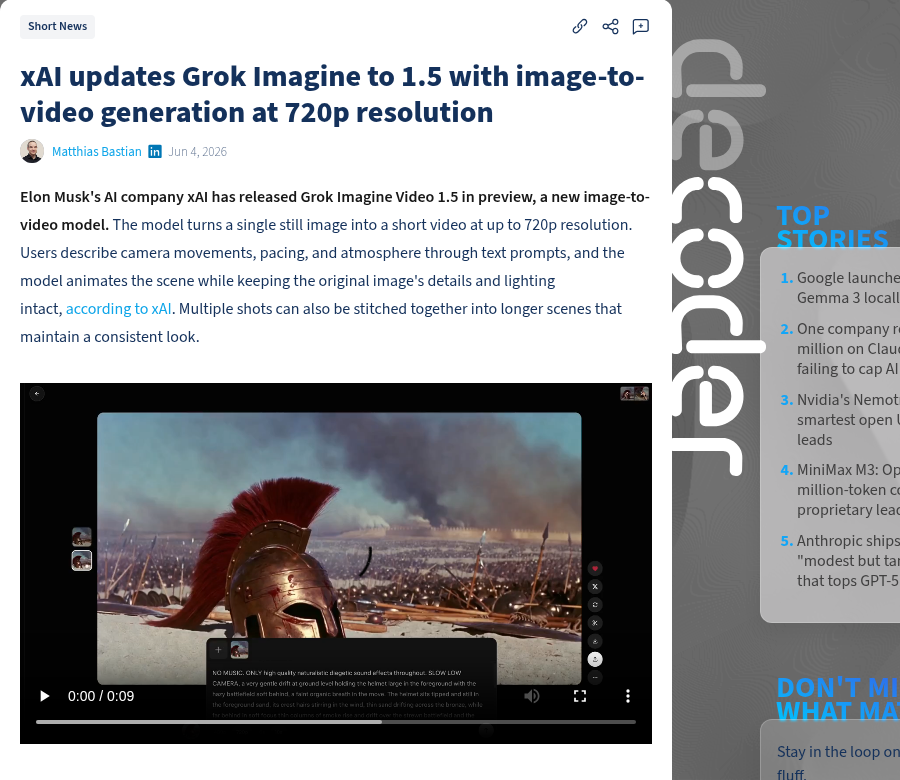 Скриншот новости The Decoder о Grok Imagine Video 1.5 с примером image-to-video до 720p