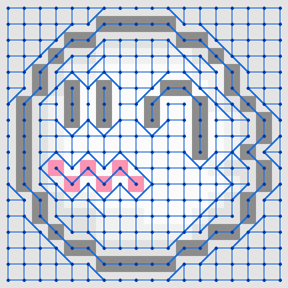 Визуализация графа похожести в задаче Depixelizing Pixel Art с синими рёбрами и выделенной красной областью