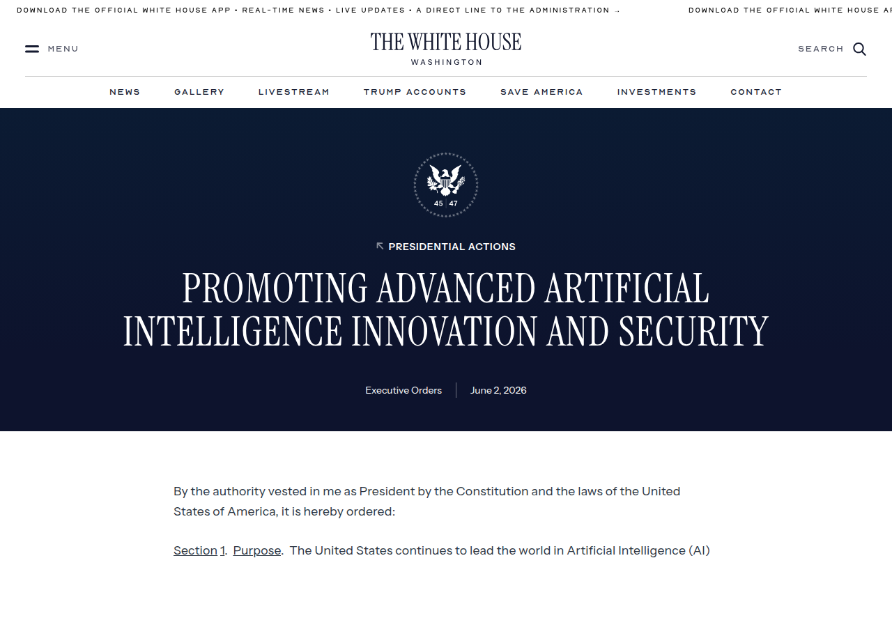 Скриншот указа White House Promoting Advanced Artificial Intelligence Innovation and Security