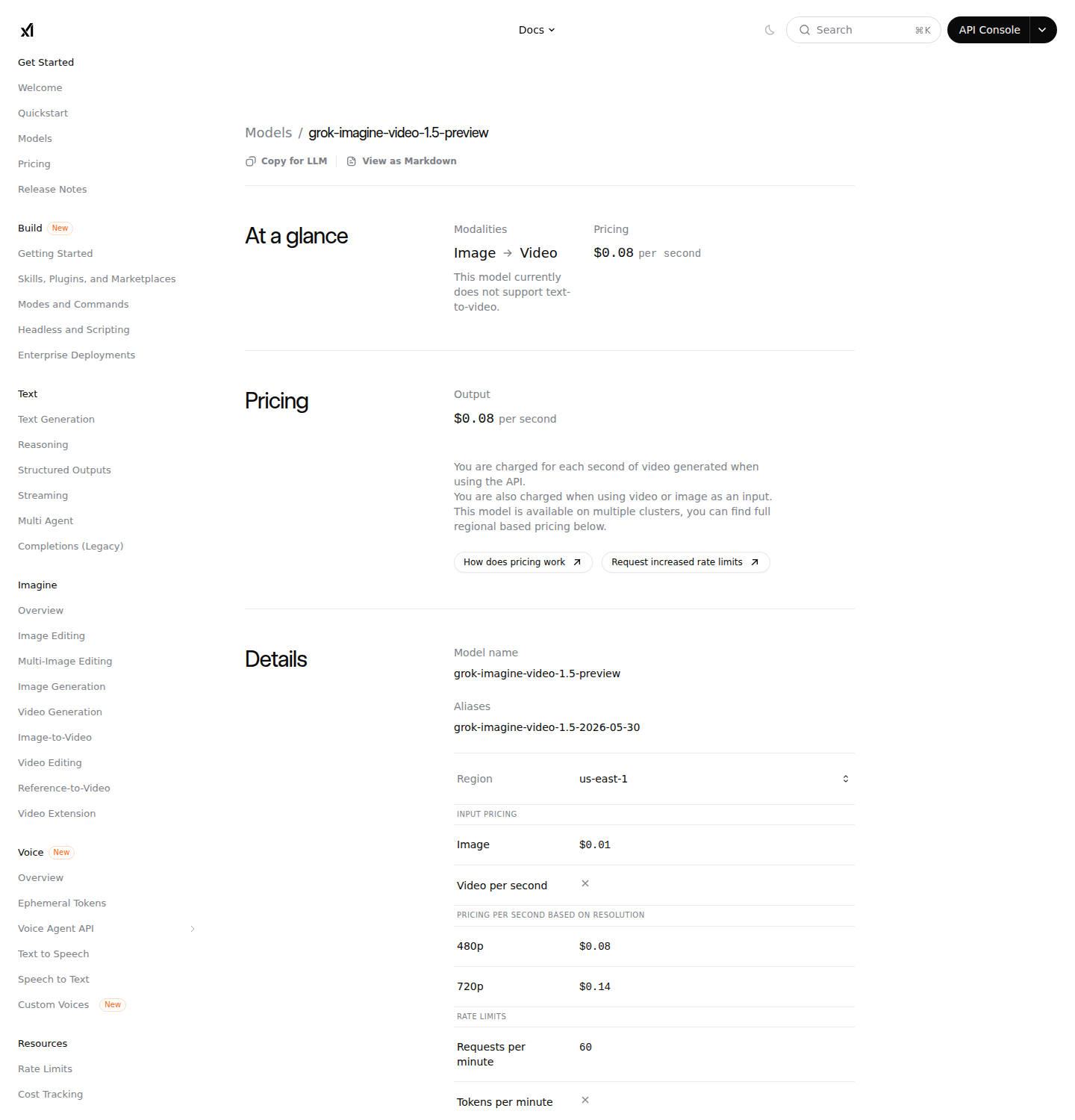 Официальная карточка xAI Docs с параметрами grok-imagine-video-1.5-preview, ценами, alias и лимитом запросов