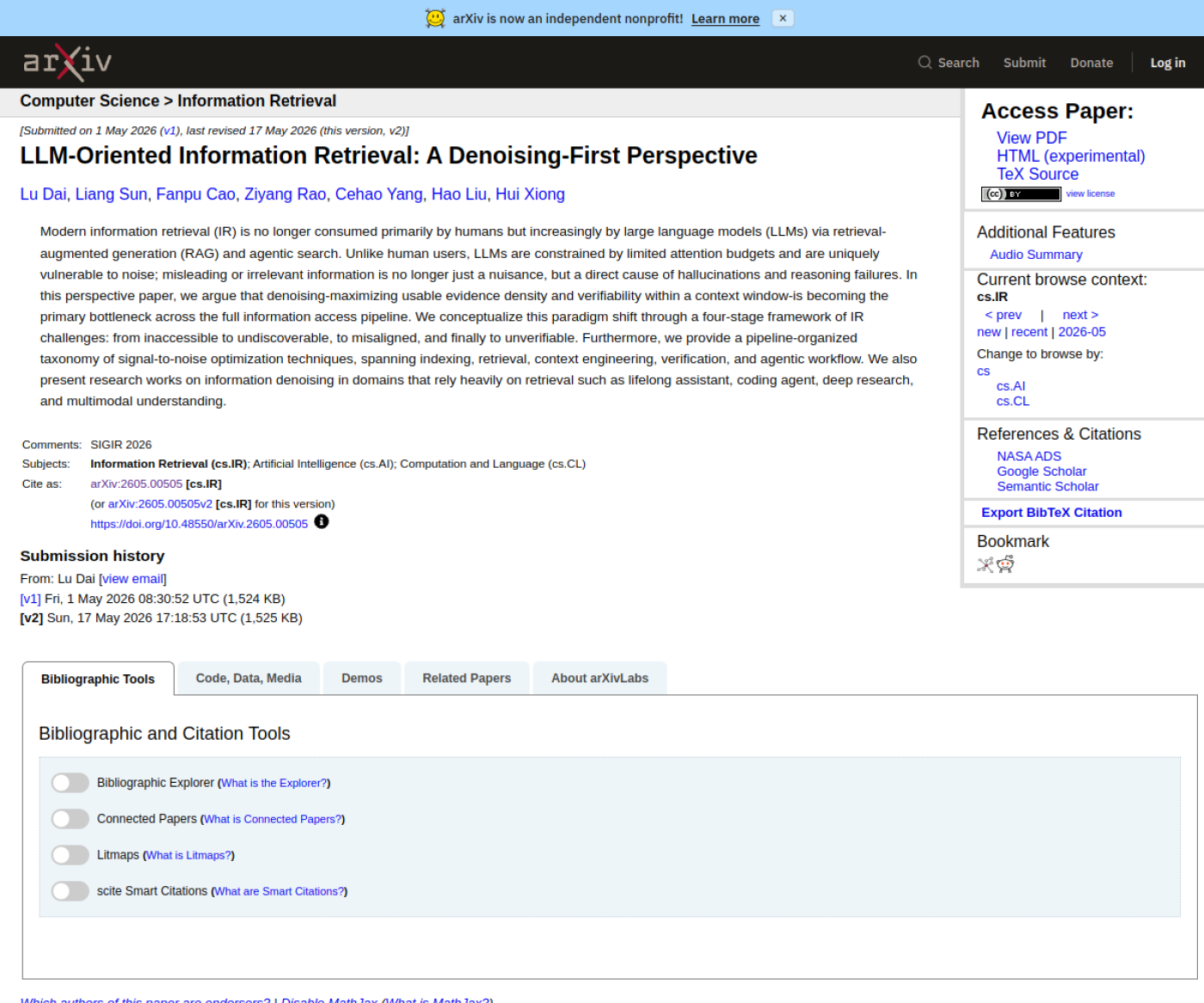 Скриншот arXiv-страницы LLM-Oriented Information Retrieval: A Denoising-First Perspective