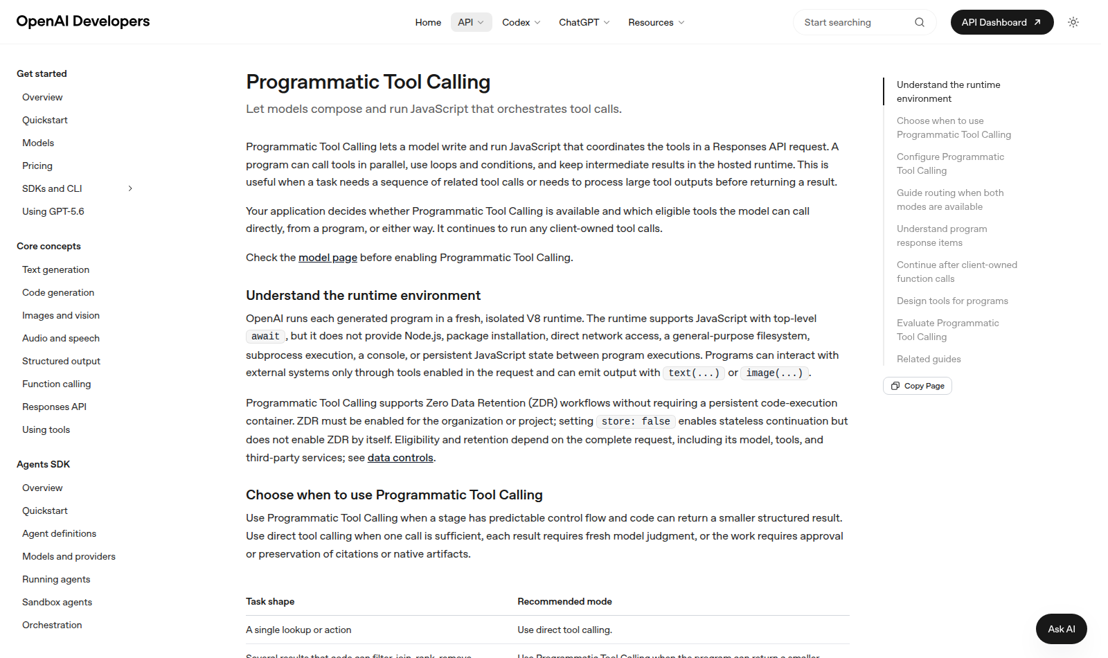 Скриншот OpenAI Developers: Programmatic Tool Calling в Responses API для GPT-5.6