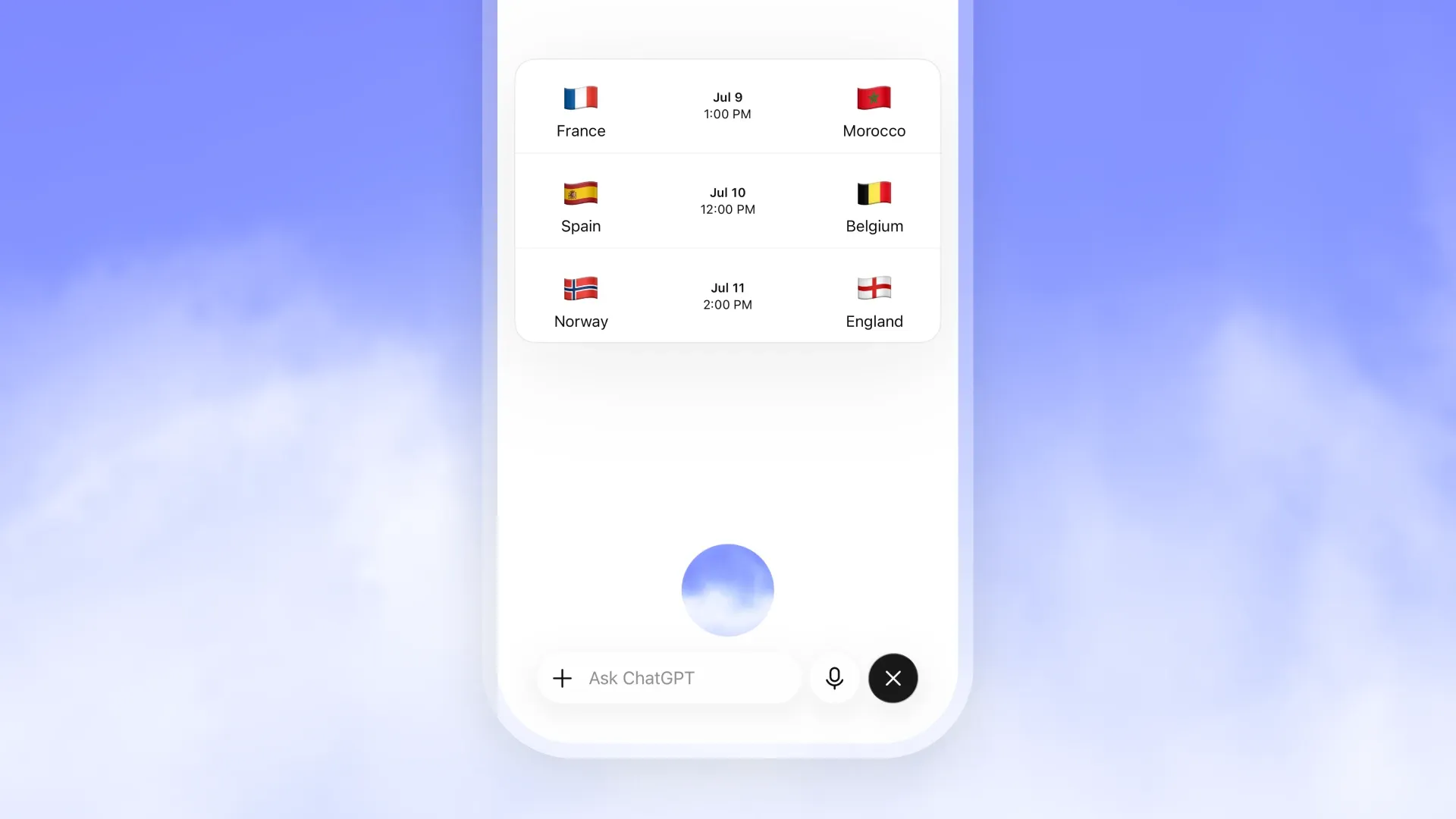 ChatGPT Voice показывает визуальную карточку со спортивным расписанием в GPT-Live
