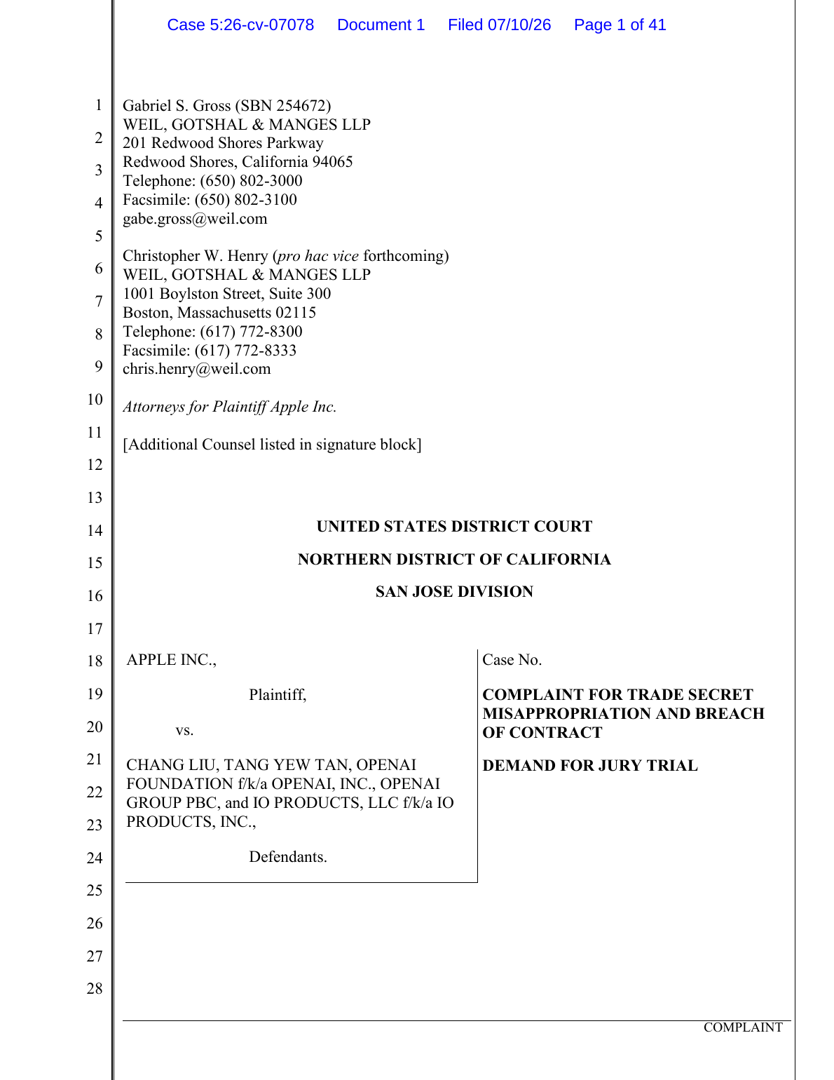 Первая страница complaint Apple Inc. v. Liu по иску Apple к OpenAI