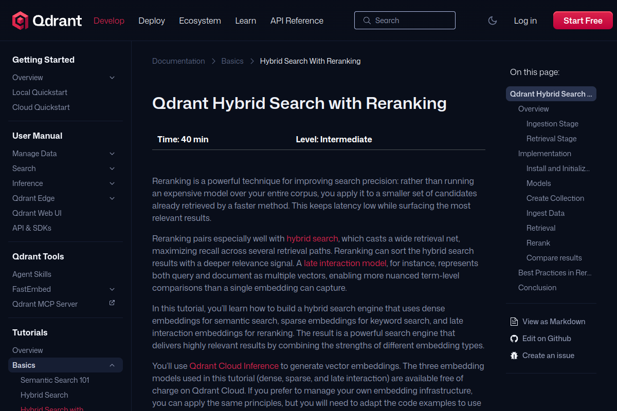 Официальный учебник Qdrant по гибридному поиску и reranking