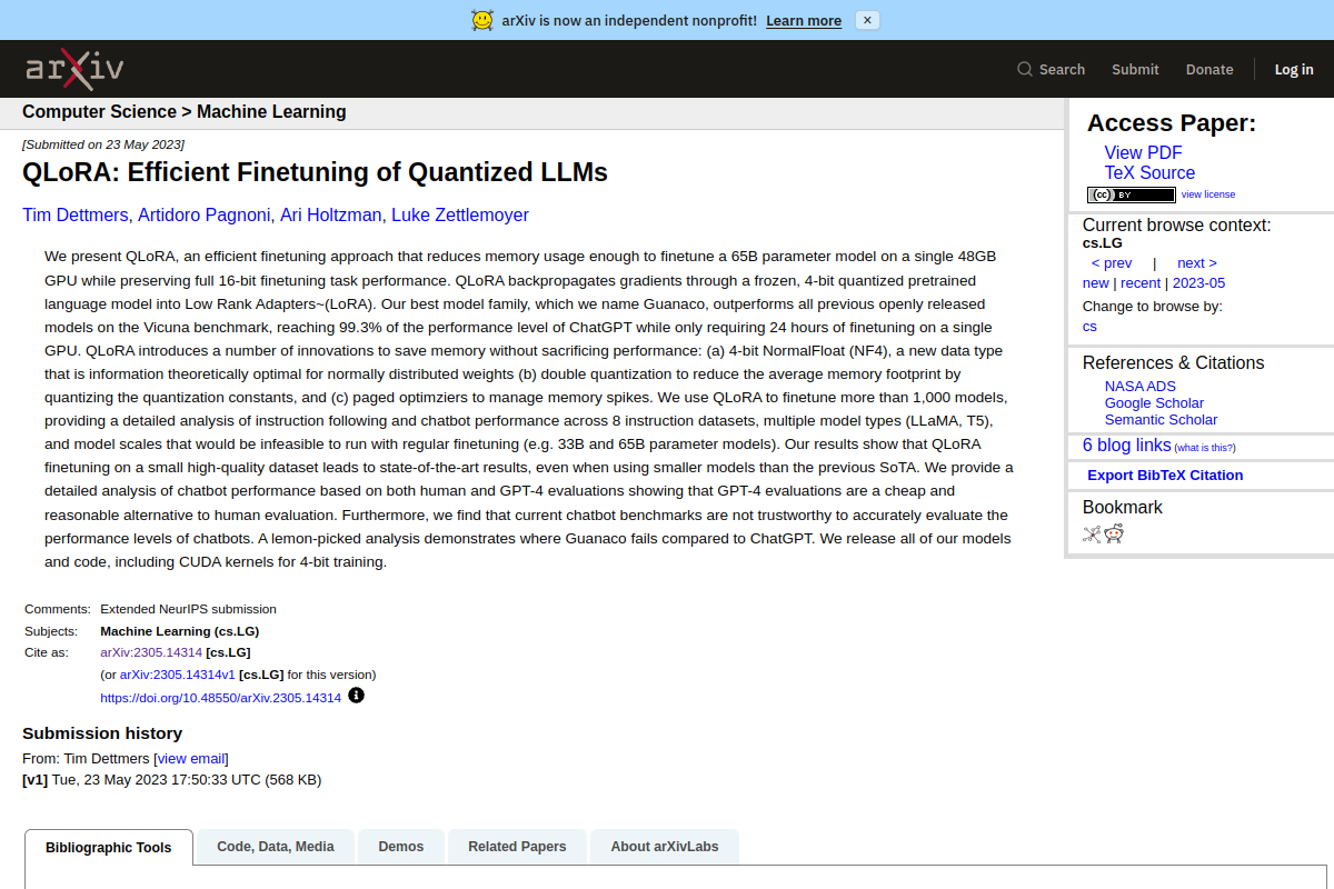 Страница первичной публикации QLoRA на arXiv