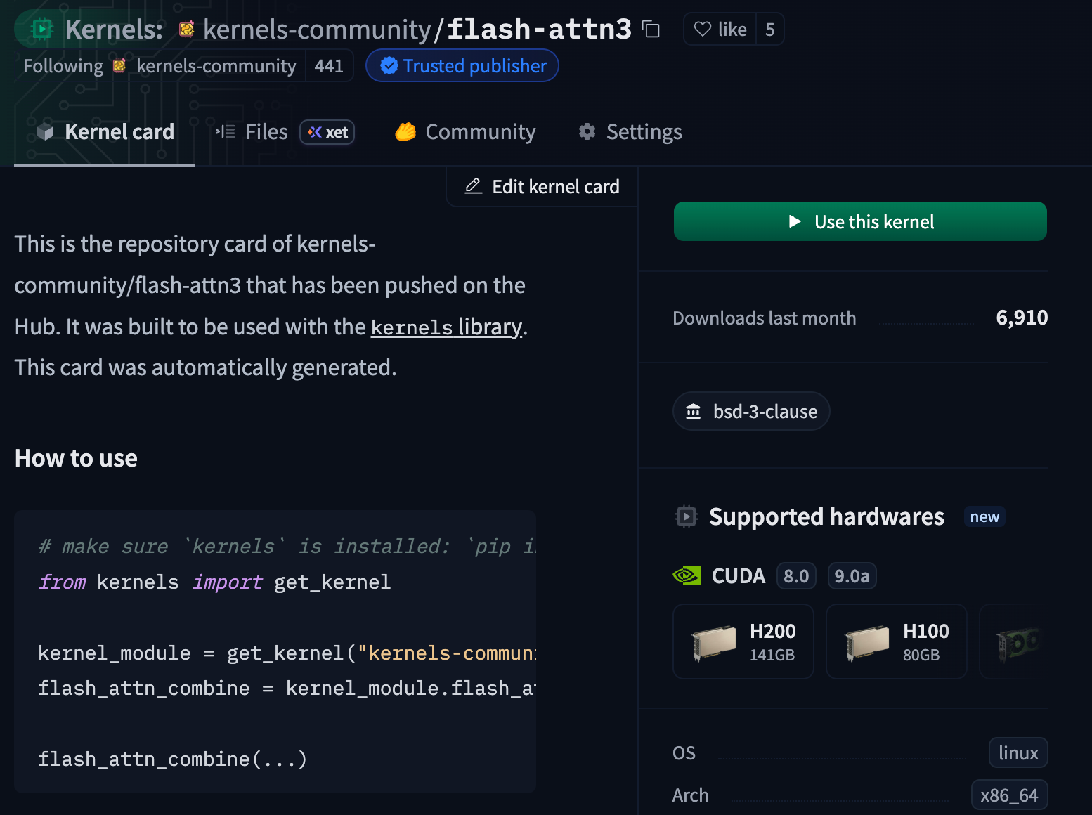 Страница Hugging Face Kernels для kernels-community/flash-attn3 с бейджем Trusted publisher