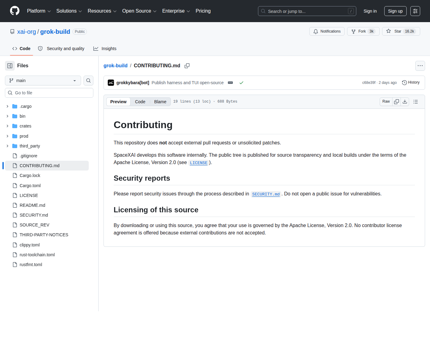 Правила участия в Grok Build без внешних pull request и незапрошенных патчей