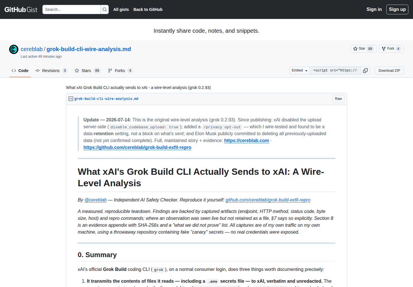 Скриншот GitHub Gist с сетевым анализом Grok Build CLI от Cereblab