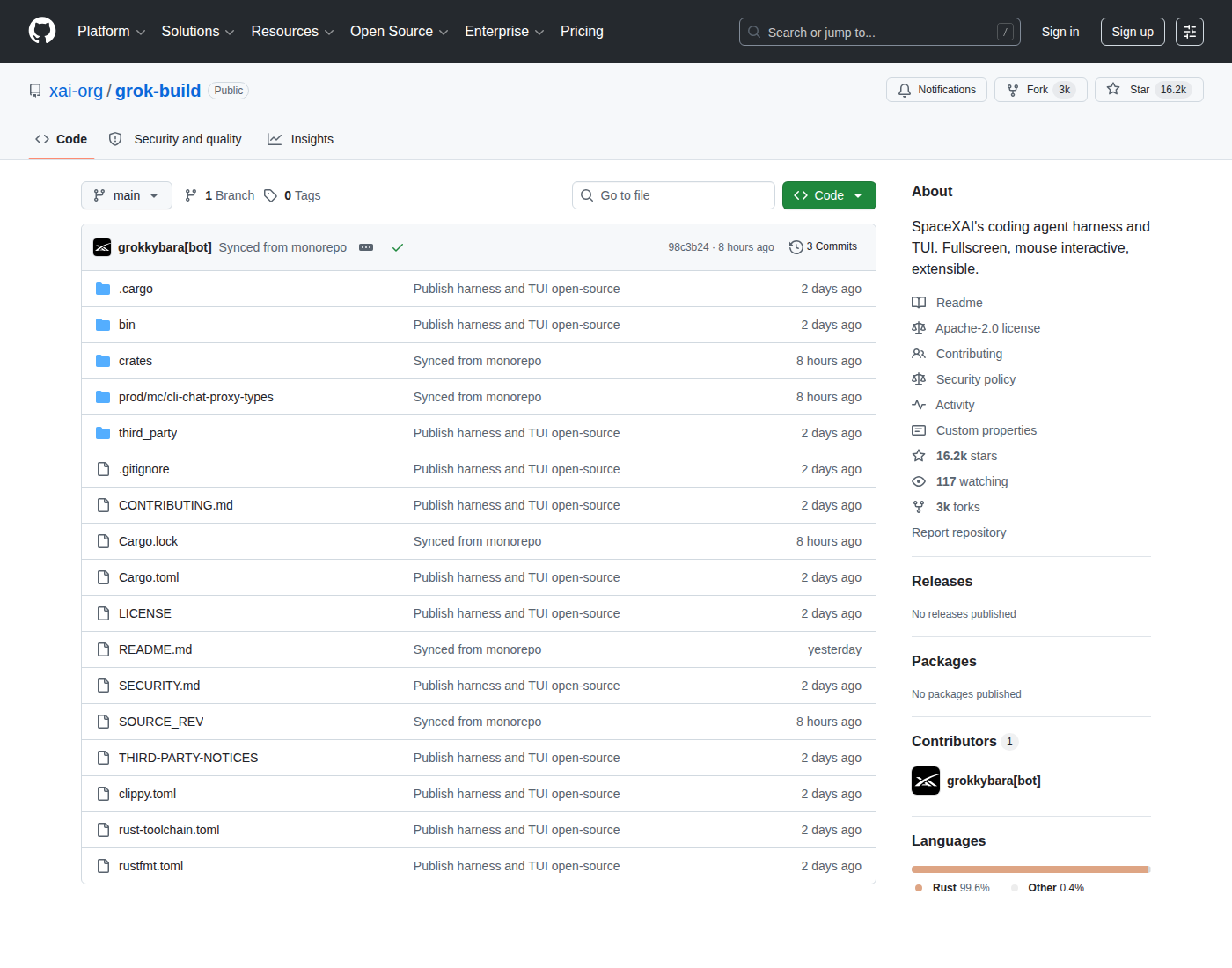 Официальный репозиторий Grok Build с Rust-кодом CLI и агентного рантайма