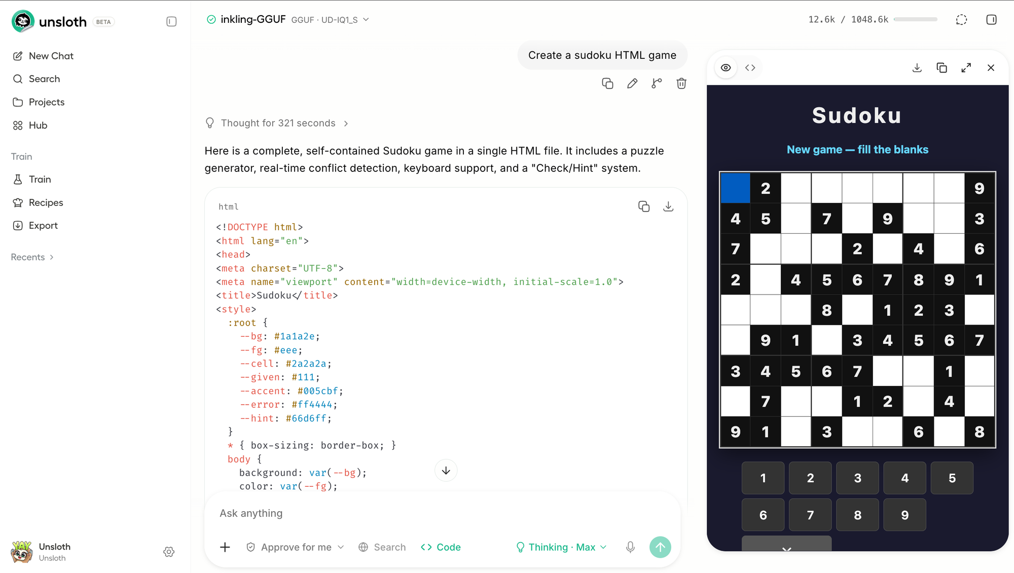 Inkling-GGUF работает в интерфейсе Unsloth Studio