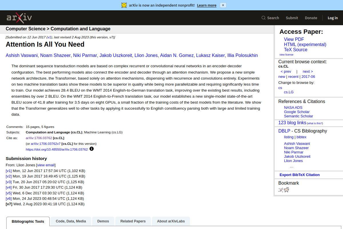 Страница публикации Attention Is All You Need на arXiv