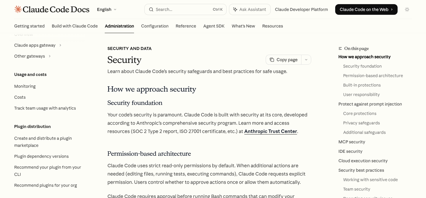 Скриншот страницы Claude Code Docs Security с разделом Permission-based architecture