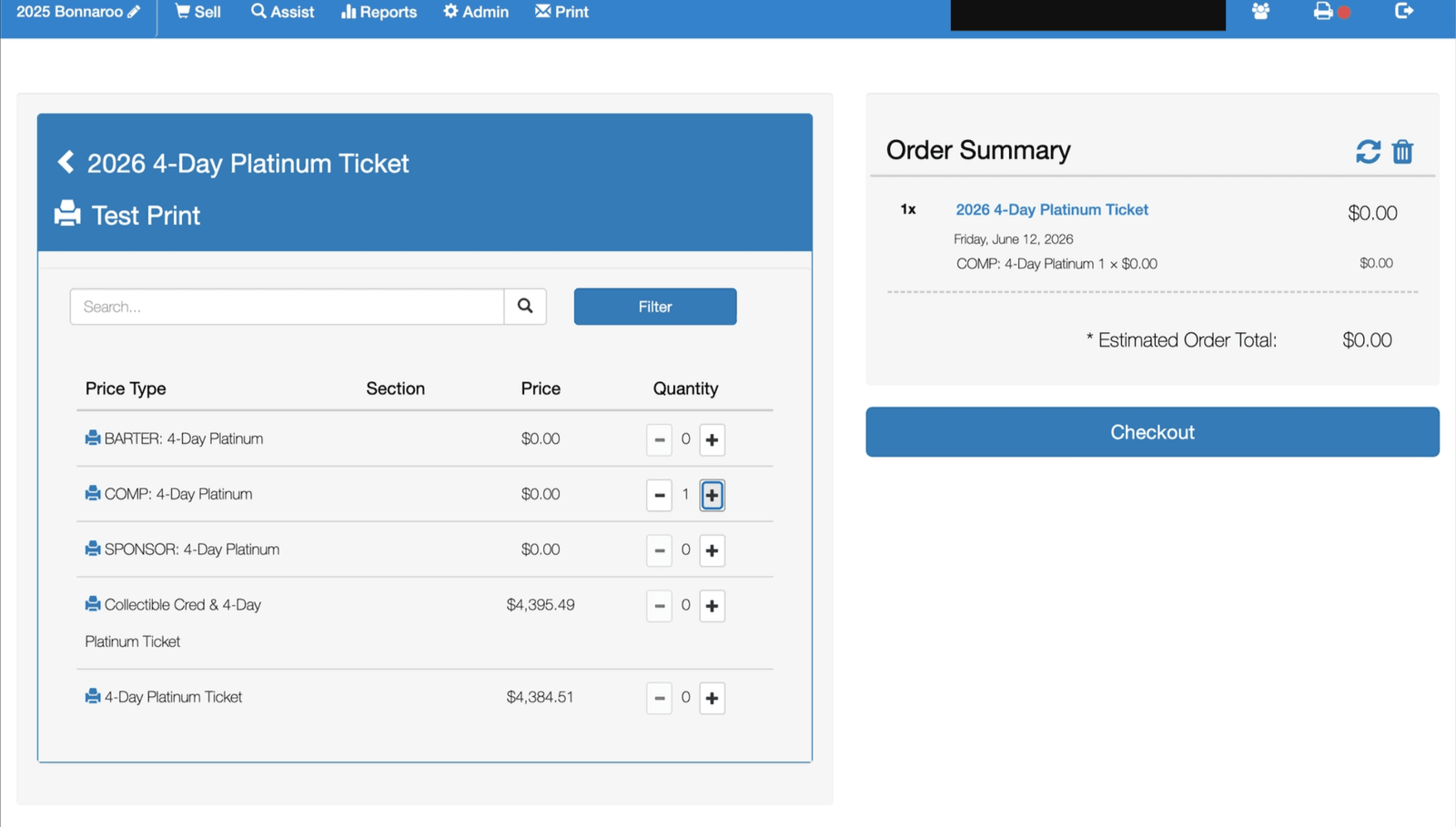 Claude AI-assisted hacking: скриншот административного интерфейса Front Gate Tickets с тестовым билетом Bonnaroo