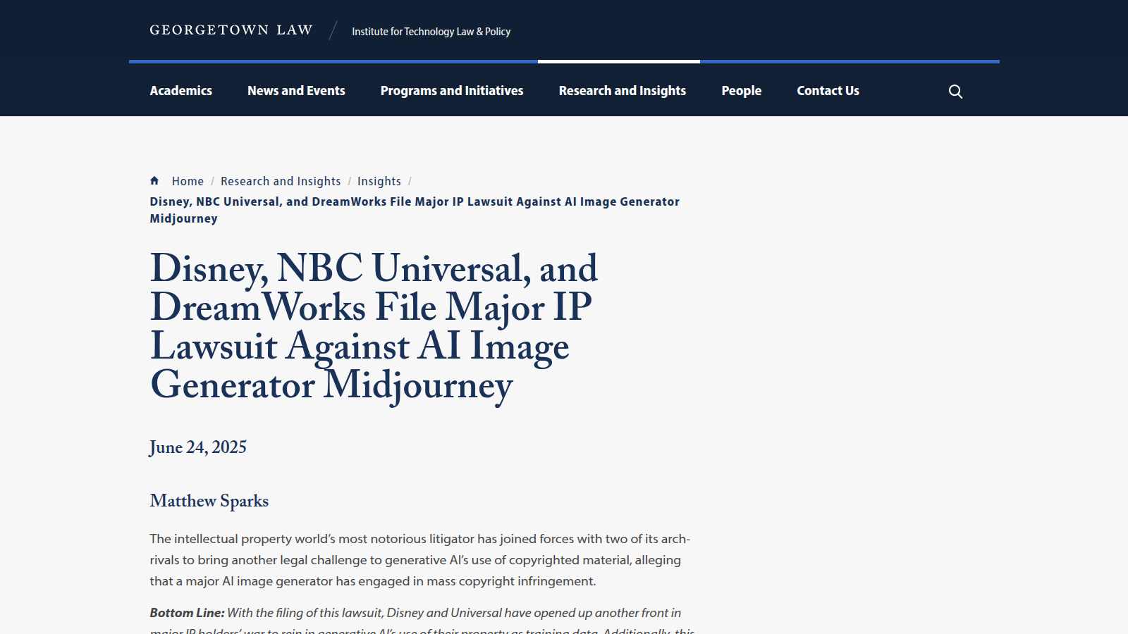 Скриншот Georgetown Law о lawsuit Disney, NBC Universal и DreamWorks против Midjourney