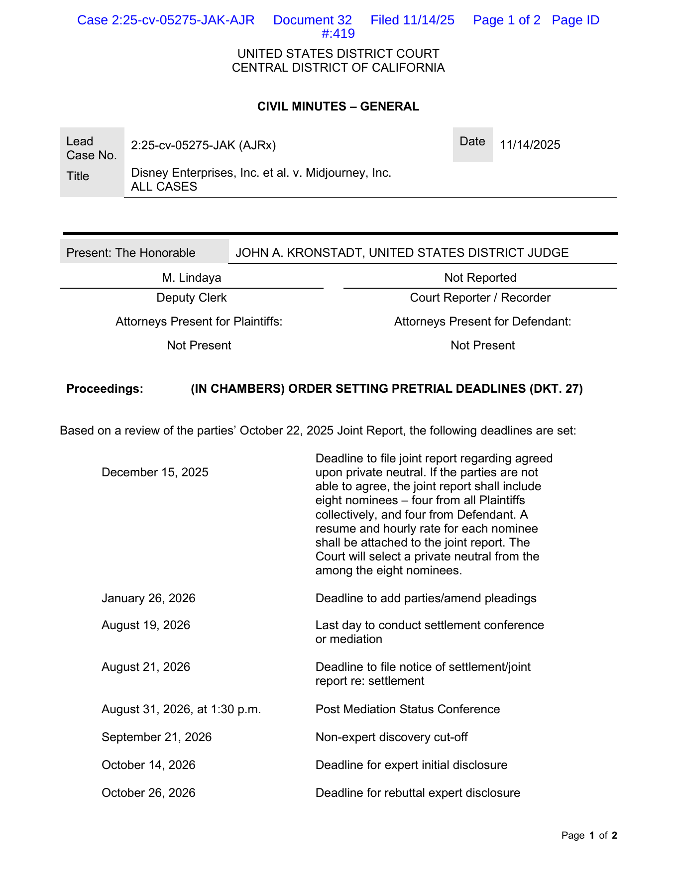Судебный order по делу Disney Enterprises v. Midjourney с процессуальными дедлайнами на 2026 год