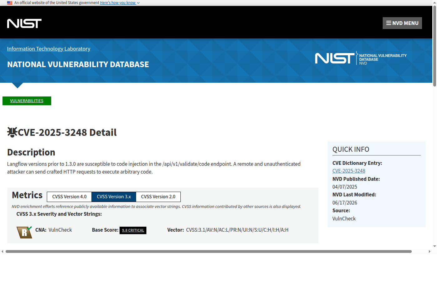 Карточка NVD CVE-2025-3248: Langflow code injection, CVSS 9.8 critical