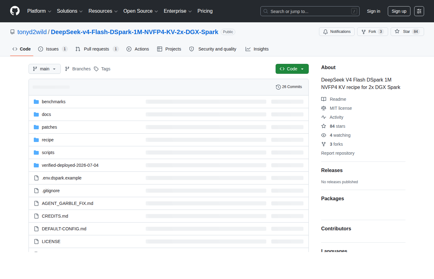 GitHub-репозиторий tonyd2wild с рецептом DeepSeek V4 Flash DSpark для 2x DGX Spark