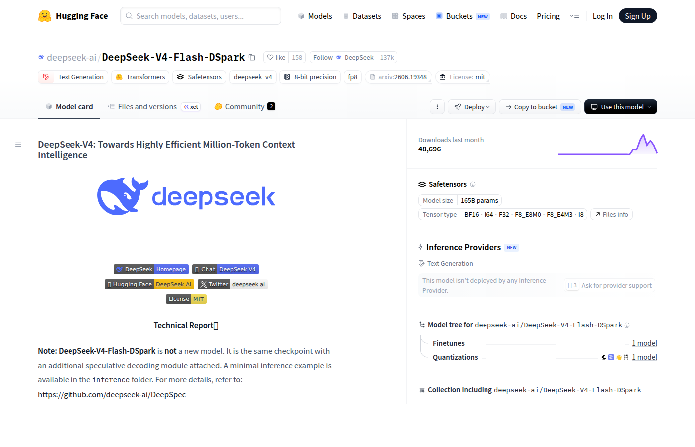 Карточка Hugging Face DeepSeek-V4-Flash-DSpark с примечанием, что DSpark не новая модель