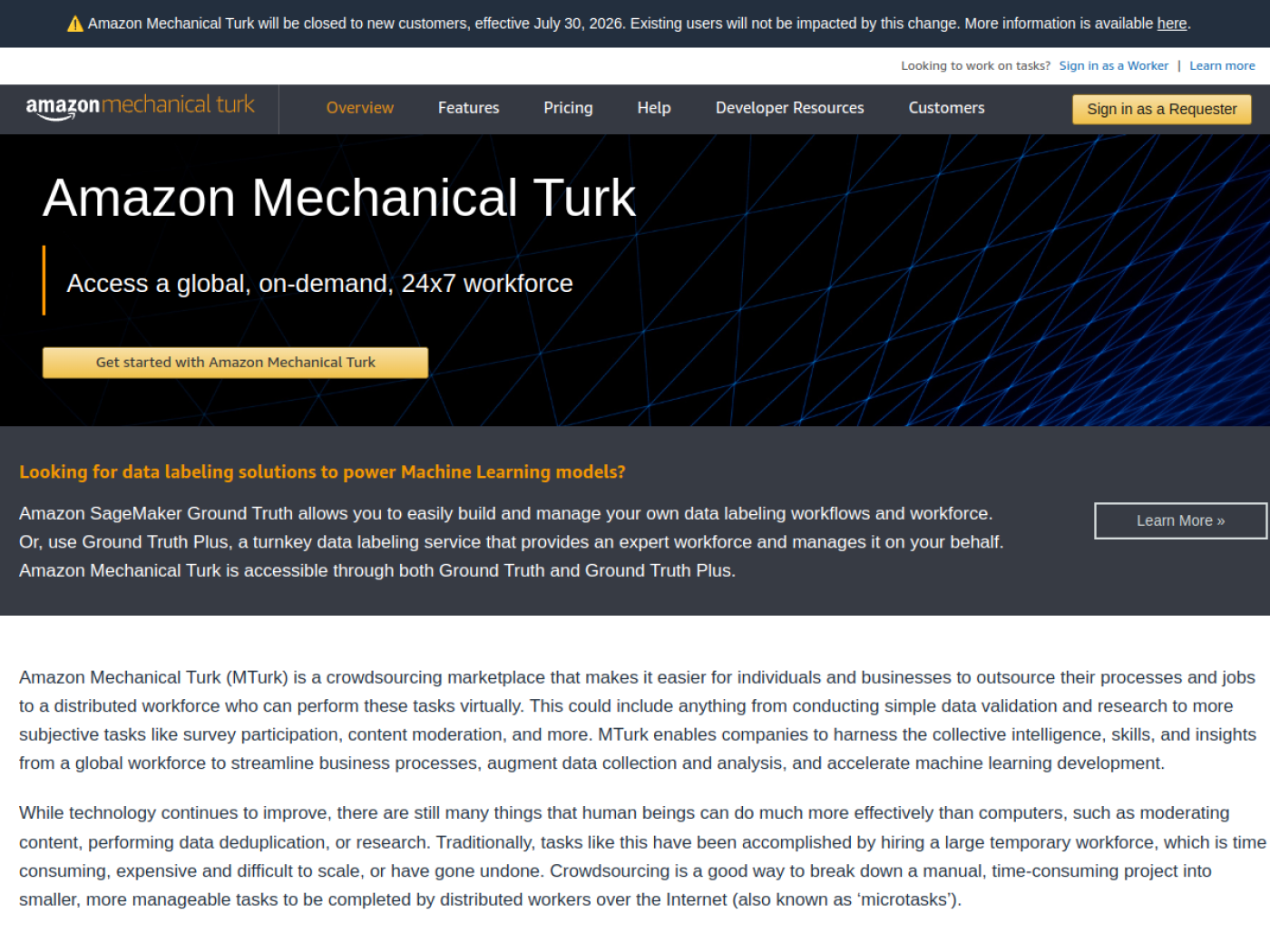 Официальная страница Amazon Mechanical Turk с баннером о закрытии доступа для новых клиентов с 30 июля 2026 года