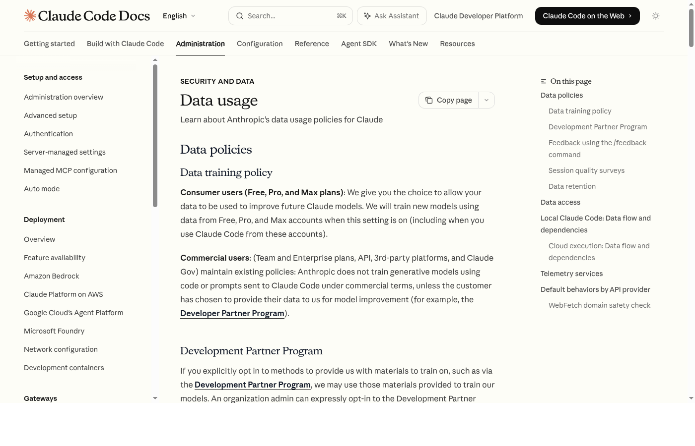Страница документации Claude Code Data usage с настройками данных и telemetry