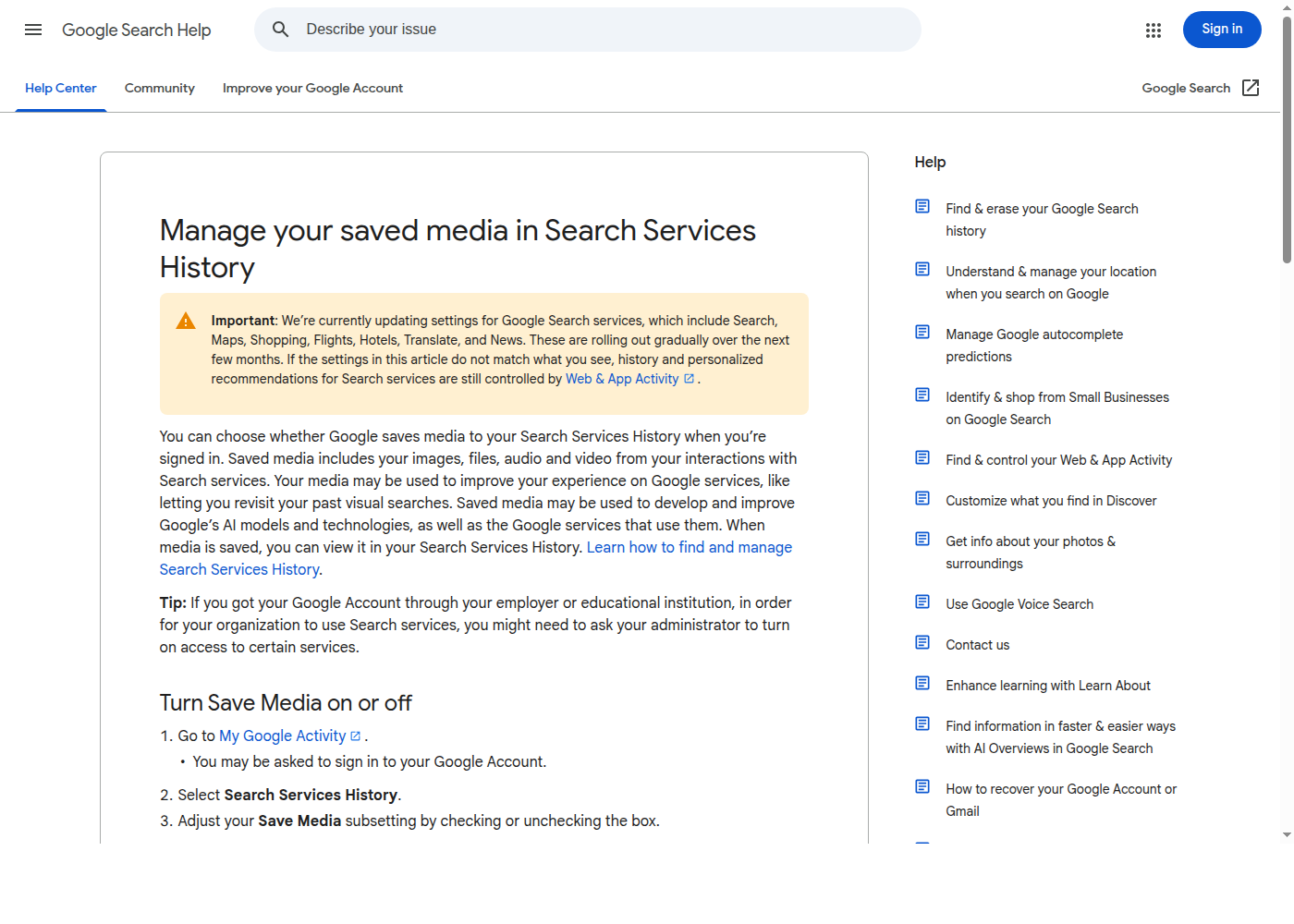 Справка Google о Save Media в Search Services History